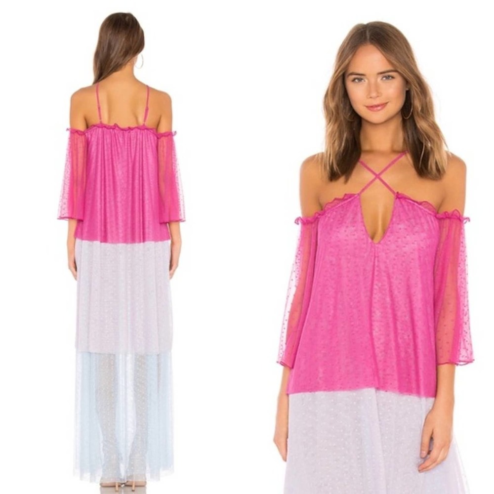 X Revolve House of Harlow Maxi Dress Barbie Pink Blue Tiered Frida Ruffle XS